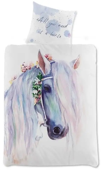 Billede af Heste sengetøj - 140x200 cm - Smuk hest med blomster - Vendbar sengesæt - 100% bomuld